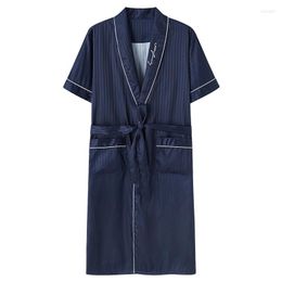 Men's Sleepwear Silk Satin Mens Robe Short Sleeve Striped Bathrobe Sexy V-Neck Kimono Night Bath Fashion Dressing Gown For Male