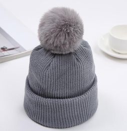 winter kids cap warm knit baby beanie pom poms wholesale toddler beanies hats 1-2-5 Years Old children fur ball hat wool acrylic knitted cuffed caps