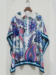 Women's Blouses Design Retro Geometric Print Contrast Colour Lapel Pullover Loose Shirt Ladies Summer Fashion All-match Shawl Cape Top