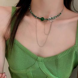 Choker Chokers Green Crystal Beads Chain Charm Necklace For Women Vintage Transparent Acrylic Flowers Metal Tassel Clavicle Jewellery Party