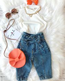 Clothing Sets 1-6Y Fashion Girls Summer Children Toddler Kids Knitted Sleeveless Halter Crop Tops Ripped Hole Jeans Long Pants