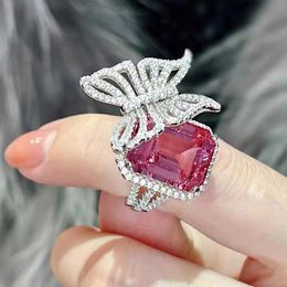 Big Butterfly 925 Sterling Silver Rings for Women Luxury 6ct Emerald cut Ruby Ring Cocktail Party Fine Jewelry