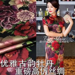 Clothing Fabric 150 Cm Heavy Stretch Printed High Imitation Silk Peony Print Dress Chinese Material Wholesale Cloth