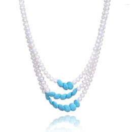 Chains Potato Shape Real Pearl And Blue Stone Jewellery Women Wedding Necklace Three Layers For Mother Gifts