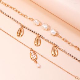 Anklets European Summer Beach Gold Colour Shell Anklet Women Entry Lux Zircon Link Pearl Chain For Jewellery Wholesale YS-01