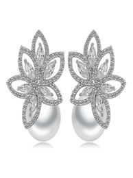Orecchini a goccia di fiore di perle bling zircone bianco gioielli raffinati orecchini a pensione per donna regalo 2057248