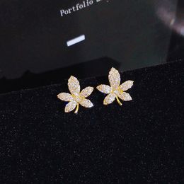 Five leaves Stud Earrings For Women Shiny Geometry Hoop Small Fashion 14K Gold Plated 5a CZ Female Cocktail Jewellery