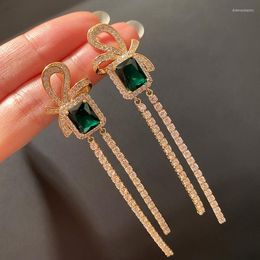 Dangle Earrings Retro Square Diamond Bow Tie Tassel Jewelry Virgin Girls Korean Fashion Charms Aesthetic Gold Green Crystal Gift Women