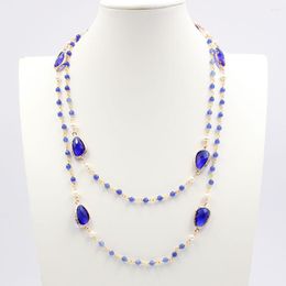 Chains GuaiGuai Jewelry Natural White Pearl Blue Glass Crystal Long Jades Chain Necklace Sweater Handmade For Lady