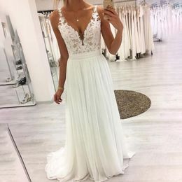 Simple A Line Wedding Dresses New Sleeve Lace Applique V Neck Floor Length Chiffon Wedding Gowns Party Dress