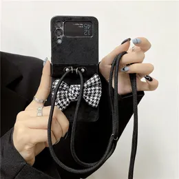 Folding Lanyard Houndstooth Bow Phone Cases for Samsung Galaxy Z Flip3 Flip4 5G Crossbody Chain Vintage Leather Vogue Protective Shell Shockproof