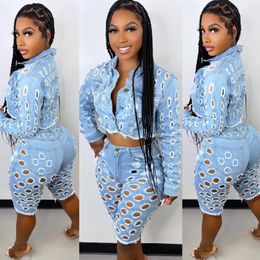 Women's Tracksuits Felyn 2022 Quality Fashion Design 2 Pcs Denim Women Set Solid Rip Turn-down Collar Jacket And Shorts Casual Outfits