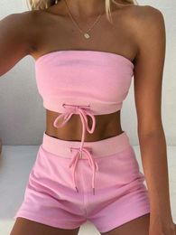 Women's Tracksuits Summer Beach 2 Piece Sets Women Bandage Drawstring Strapless Crop Top Short Pants Jogging Tracksuit Ladies Sport Set