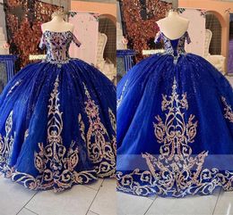 2023 Modest Quinceanera Dresses Royal Blue And Gold Sequins Appliques Ball Gowns Off The Shoulder Pageant Prom Sweet 16 Dress Corset Top