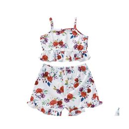 Clothing Sets Girls Cotton Blends Rose Print Suspender Belt Tops And Short Trousers Set Twopiece Children Summer Sleeveless Tshirt P Dhzqd