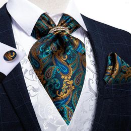 Bow Ties Men's Ascot Vintage Teal Green Gold Paisley Classic Wedding Formal Cravat Self Gentleman Silk Neck Tie Scarf DiBanGu