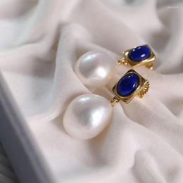 Stud Earrings Natural Fresh Water Baroque Pearl For Women Fine Jewellery Simple Style Lapis Female 925 Sterling Silver