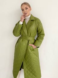 Women S Down Parkas Winter Woman Coat Long Straight Rhombus Pattern Green Casual Sashes Windproof Warm Thick Elegant Female Outwearmm01
