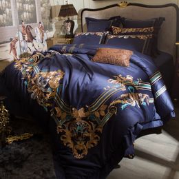 Bedding sets Luxury Blue Red European Gold Royal Embroidery 120S1000TC Egyptian Cotton Set Duvet Cover Bed sheet Pillowcases 221208