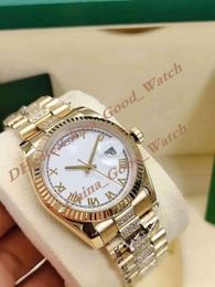 36mm Watches For Men White Roman Dial Yellow Gold Watch Men's 2813 Automatic Movement Steel Diamond Bracelet Strap Wristmaps Sapphire Crystal With Original box