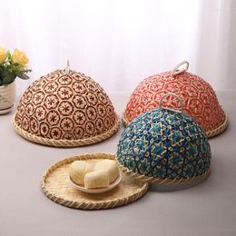 Kitchen Storage Round Bamboo Rattan Tray With Lid Food Serving Tent Mesh Cover Hand-Woven Dustproof Fruit Bread Drying