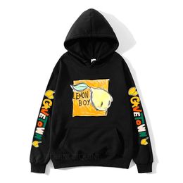 Men's Fleece Hoodies Cartoon Lemon Printed Sweatshirts Loose Long Sleeves Pullover Hoodie