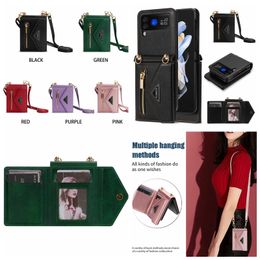 Multifunction Zipper Leather Wallet Cases For Samsung Galaxy Z Flip 4 3 Flip4 Zflip3 Fashion Flip Cover Holder ID Card Pocket Slot Purse Crossbody Shoulder Lanyard