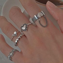 Cluster Rings Fashion Heart Set Love Chain Kpop Punk For Couples Lovers Men Women Girls Party Gift Girfriend Wedding