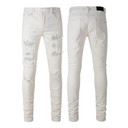 Mens White Distressed Jeans Streetwear Slim Fit Stretch Damaged Holes With Rhinestone Crystal Patches Ripped Skinny Jeans