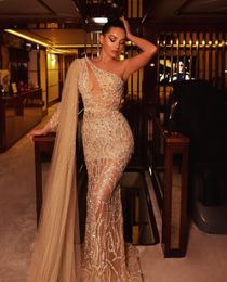 Sparkly New Arrival Evening Dresses V Neck Shoulder Cape One Long Sleeve Lace Floor Length Beaded Pearls Sequins Appliques Prom Dress Formal Plus Size Tailored