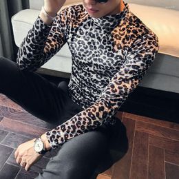 Men's T Shirts Top Quality Men Shirt Fashion 2022 Autumn Winter Slim Fit Casual T-Shirts Mens Long Sleeve High Collar Leopard Print