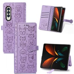 Wallet Phone Cases for Samsung Galaxy Z Fold 3 Cute Cat and Dog Pattern Embossing PU Leather Flip Kickstand Cover Case with Card Slots
