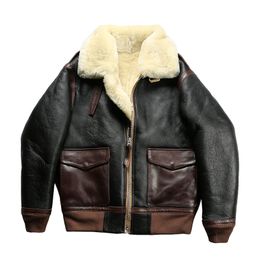 Flight bomber Jacket A2 Fur in one leather AVFLY winter coat Oil sallow cowskin leathers Lapel thickened sheepskin