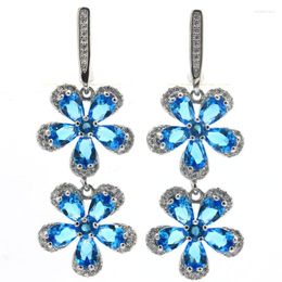 Stud Earrings 47x17mm Princess Cut Paris Blue Topaz White CZ Women Dating Silver Fine Jewellery