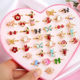 10/20/36 pcs Cute Finger Rings Enamel Open Adjustable Wholesale Colourful Heart Flower Animal Pretend Play Makeup Toys Cartoon Crystal Jewellery for kids Girls Gifts