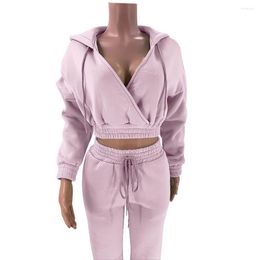 Women's Two Piece Pants Fashion Drawstring Warm Lady Winter Pure Color Loose Hoodie High Waist Set Pockets Female Tracksuits For Dating