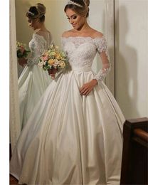 Ball Gown Vestidos De Noiva Satin Wedding Dresses for Women Long Sleeve Bridal Gowns Pearl Lace Robe de Mariage
