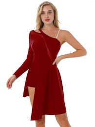 Stage Wear Womens One Shoulder Dance Dress Latin Ballroom Lyrical Ballet Outfit Sheer Long Sleeve Split Asymmetrical Hem Dancewear