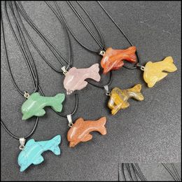 Colliers pendants gu￩rison Crystal Stone Natural Dolphin Animal Charmes Turquoise Tiger Eye Lapsi Pink Rope Corde Cha￮ne Christmas en gros de No￫l DH8H5