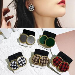 Stud Earrings Autumn And Winter Vintage Velvet Houndstooth Round Button Plaid For Women Bijoux Fashion Jewellery Gift