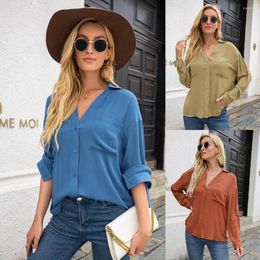 Women's T Shirts 2022 Spring Autumn Shirt Top Women's V Neck Outer Wear Solid Colour Casual Ol Botton Up