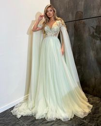 Fashion Mint Green Prom Dresses Cap Long Sleeves Party Dresses Crystals Lace Beaded Custom Made Evening Dress