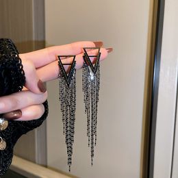 Hollow Triangle Geometric Earrings for Women Black Long Tassel Rhinestone Dangle Earrings Jewellery Gifts