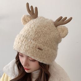 Christmas Winter Thick Warm Antler Hat Beanie Wool Knitted Snow Ski Earflap Cap Bomber Hat Women Girl Bonnet Hats Gift