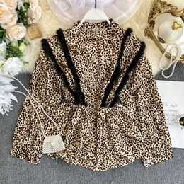 Women's Blouses 2022 Autumn Women Chiffon Leopard Flounce Long Bubble Sleeve Loose Thin Bottoming Blouse Shirt Ladies Casual Suits