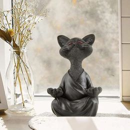 Decorative Objects Figurines Cat Meditation Yoga Collectible Happy Decor Art Sculptures Outdoor Garden Decorate Whimsical Black Buddha 221208