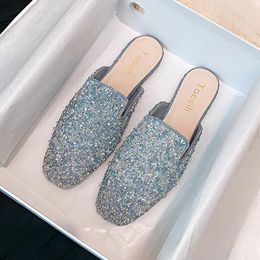 Sandals 2022 Summer Blue Crystal Slippers Women Square Toe Flat Heel Glitter Female Rhinestone Mules Slides Shoes Big Size 43