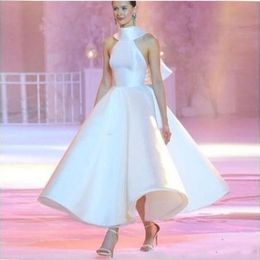 Ankle Dresses Vintage Length Prom White A Line Simple Formal Party Bridesmaid Dress Sleeveless Bow Back Classic Evening Gowns