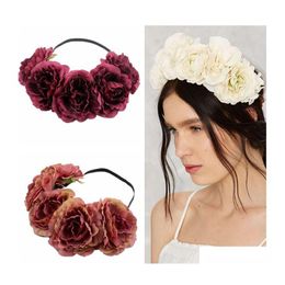 Decorative Flowers Wreaths Wholesale Female Rose Headband Wreath Hair Bows Women Bohemia Seaside Flower Crown Wedding Headdress Dh Dhznv