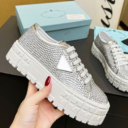 Designer Sneakers Double Wheel Casual Shoes Nylon Gabardine Shoe Platform Trainers Shining imitation crystal Sneaker